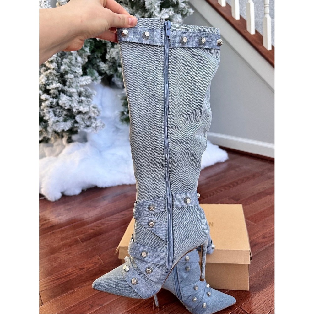 NEW Steve Madden Fink Light Denim Studded Y2K Below the Knee Heeled Boots 6.5 - Picture 6 of 11